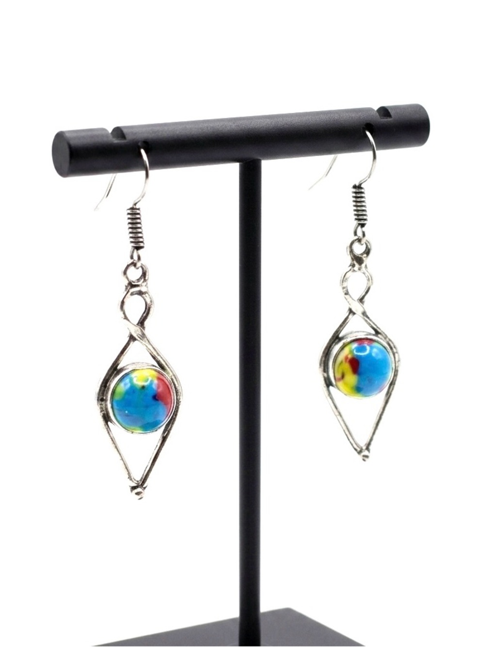 New Artisan Yellow Pink Blue Mosaic Jasper Sterling Silver Minimalist Earrings